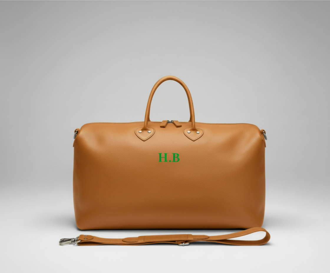 Mustard color Leather Travel Bag – Handmade Weekender Duffel with Initials