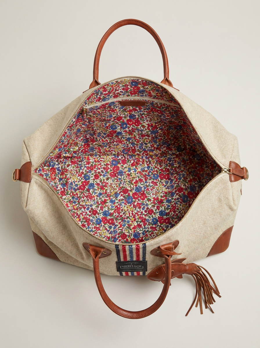 Handmade Weekend Bag in Natural Canvas · Liberty Fabric Lining · Leather Details