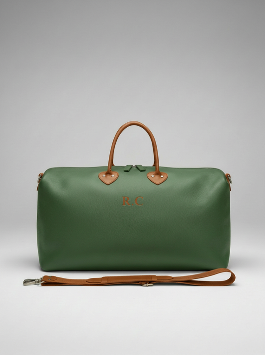 The Green Weekend Bag Premium French Leather | Crafted One by One | Personalised with Your Initials