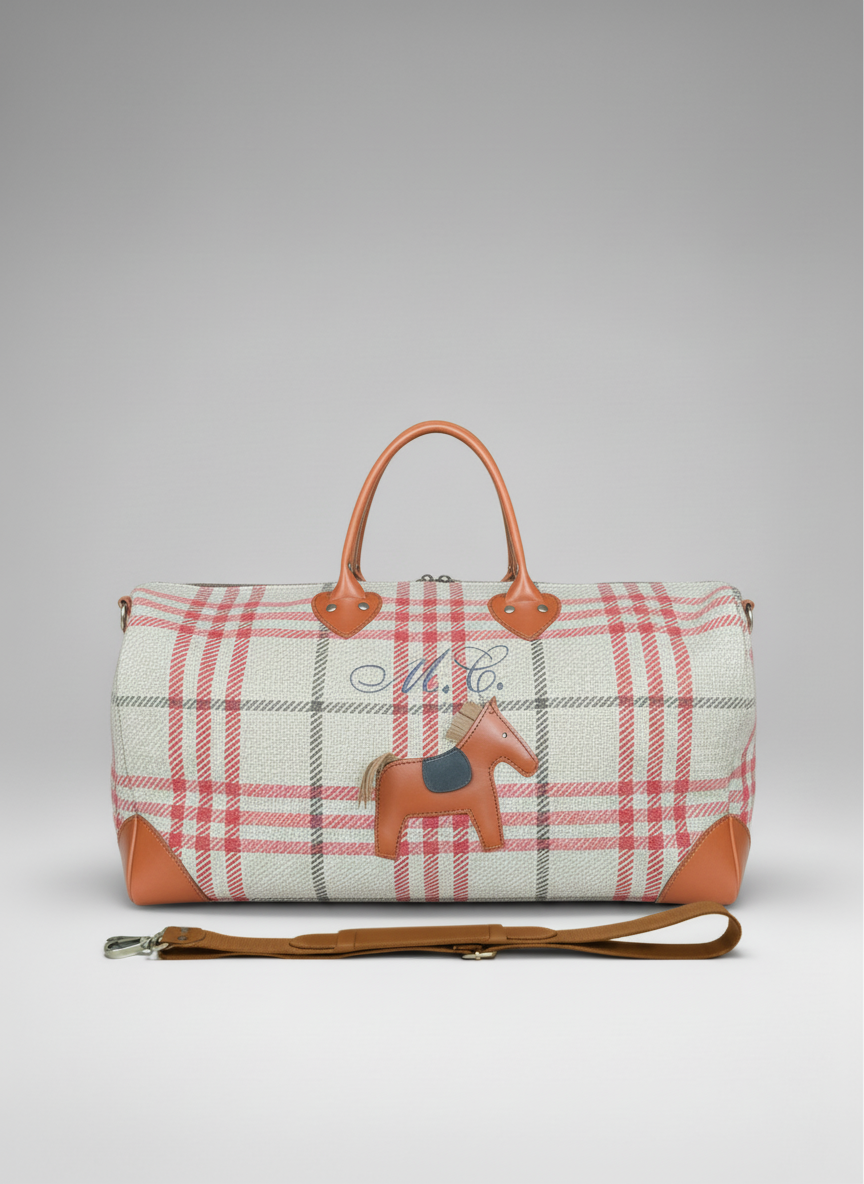 Scottish Tartan Weekend Bag – Leather Accents, Handmade Carry-on. Leather horse and personalized