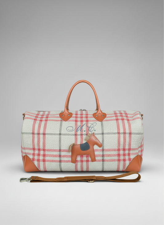Scottish Tartan Weekend Bag – Leather Accents, Handmade Carry-on. Leather horse and personalized