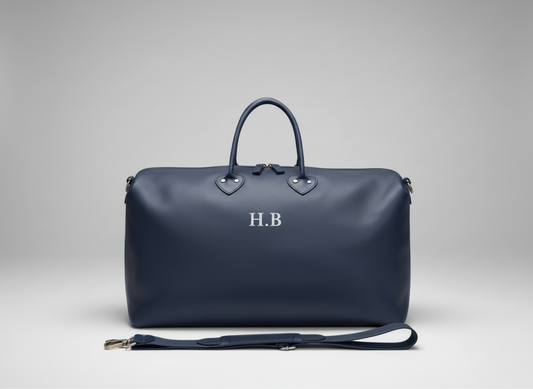 Navy Blue Leather Travel Bag – Handmade Weekender Duffel with Initials