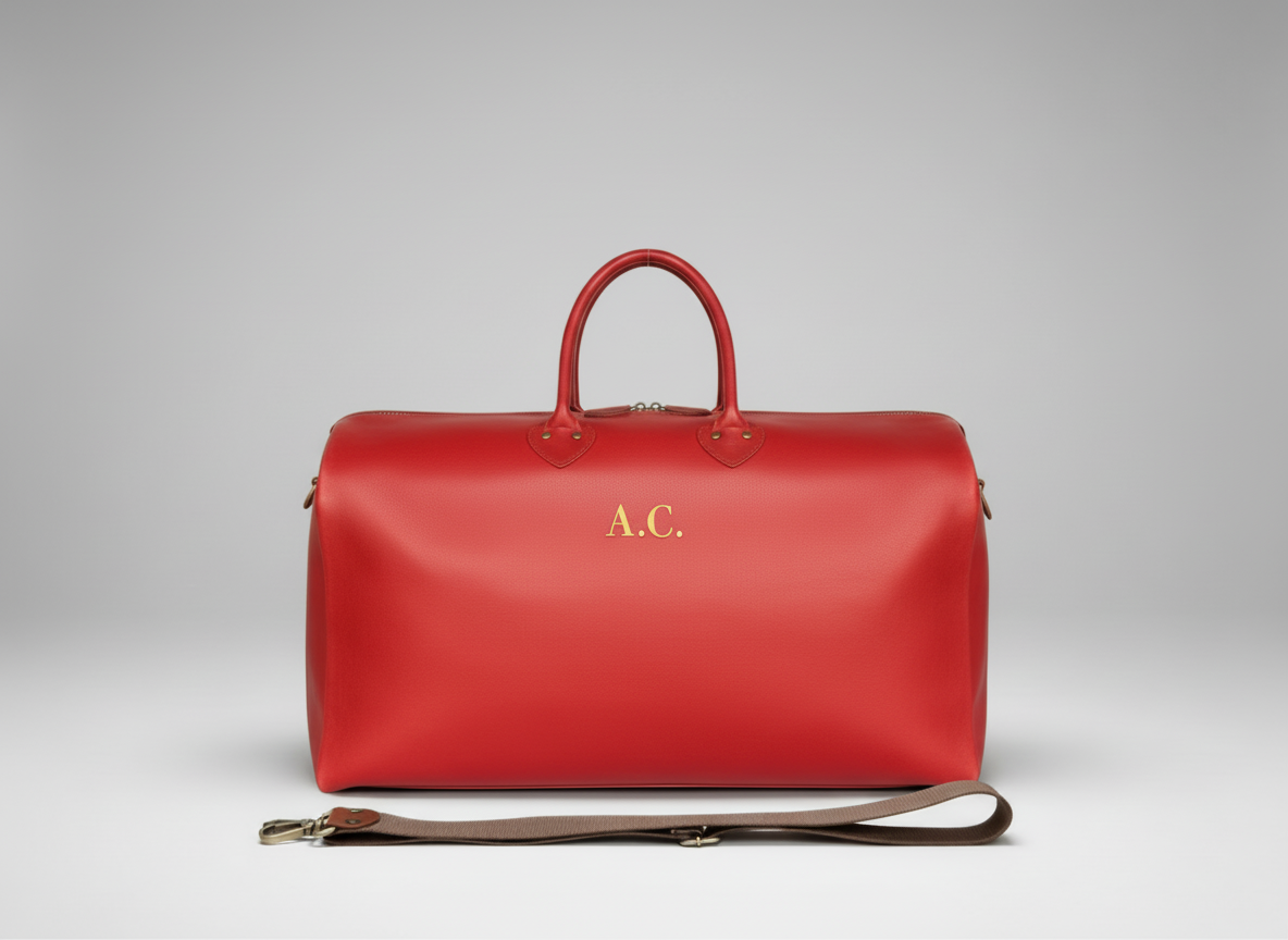 Red Leather Travel Bag – Handmade Weekender Duffel with Initials