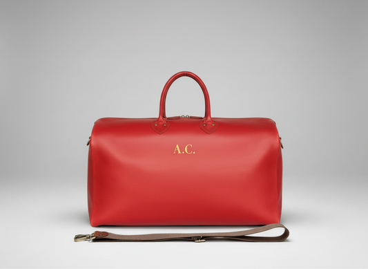 Red Leather Travel Bag – Handmade Weekender Duffel with Initials