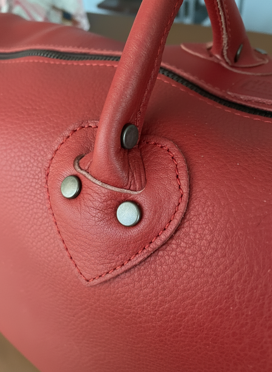 Red Leather Travel Bag – Handmade Weekender Duffel with Initials