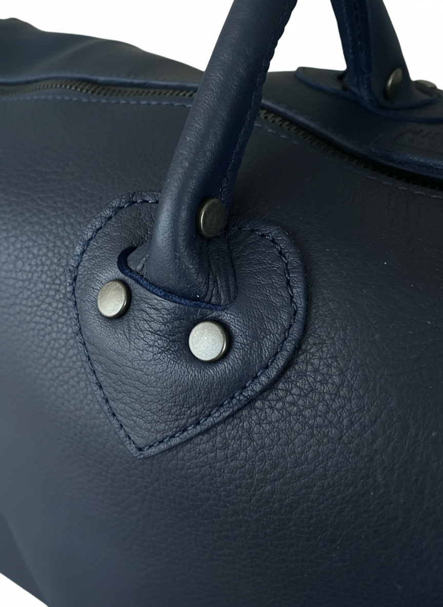 Navy Blue Leather Travel Bag – Handmade Weekender Duffel with Initials