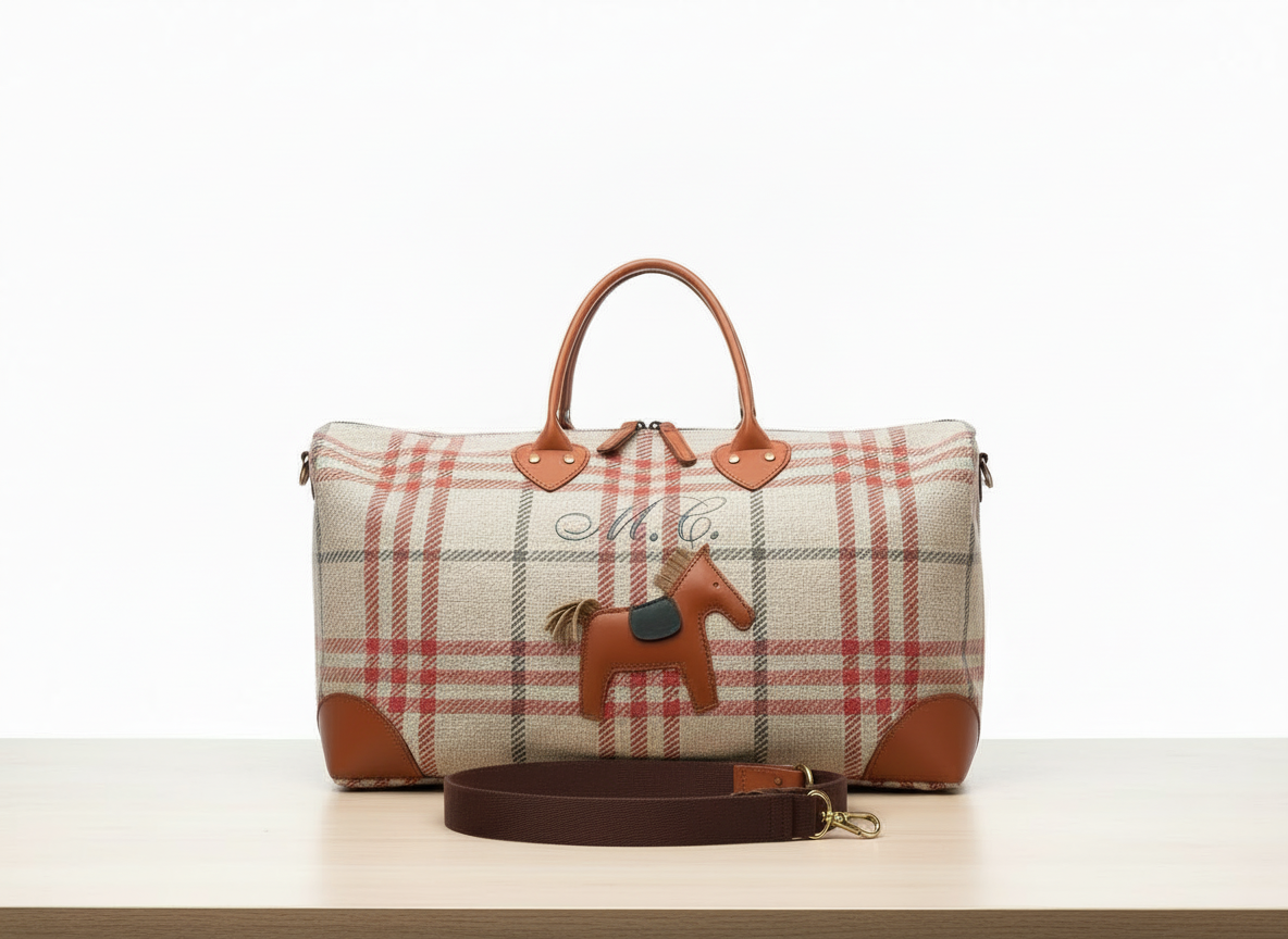 Scottish Tartan Weekend Bag – Leather Accents, Handmade Carry-on. Leather horse and personalized