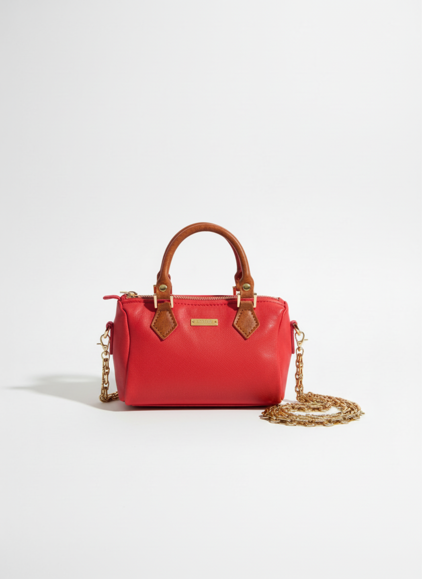 Red and brown Handmade Mini Leather Top-Handle Bag with Chain Strap (Waterproof & Stain-Resistant)